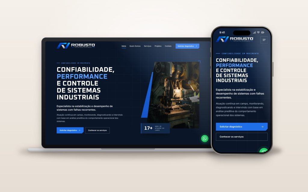 Site da Robusto Sistemas no notebook e no celular, mostrando a página inicial